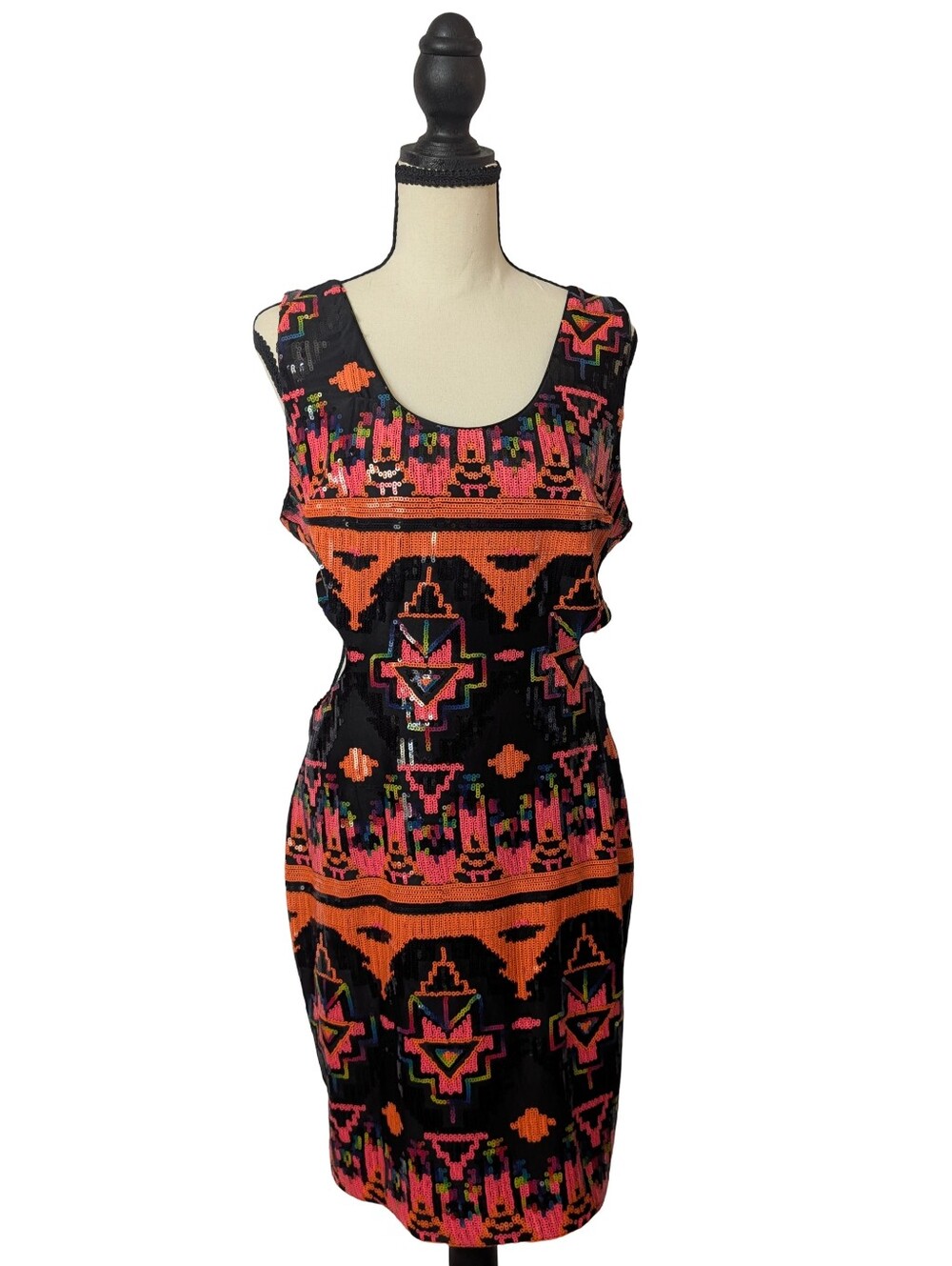 Black Multicolor Sequinned Tribal Print  Cutout Sleeveless Sheath Dress Size 12